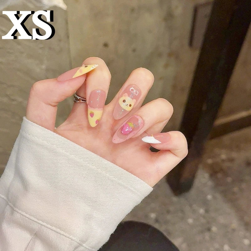 10Pcs Almond Press on Nails with Pink Strawberry Bear Design Acrylic False Nails Cute Full Cover Sweet Girl Wearable Nail Tips