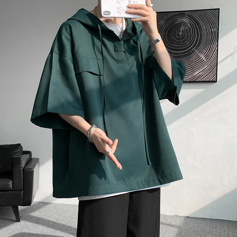 5 Colors Hooded T shirt Korean Half Sleeve Pullover Streetwear Loose T-shirt Tops Drawstring Clothing