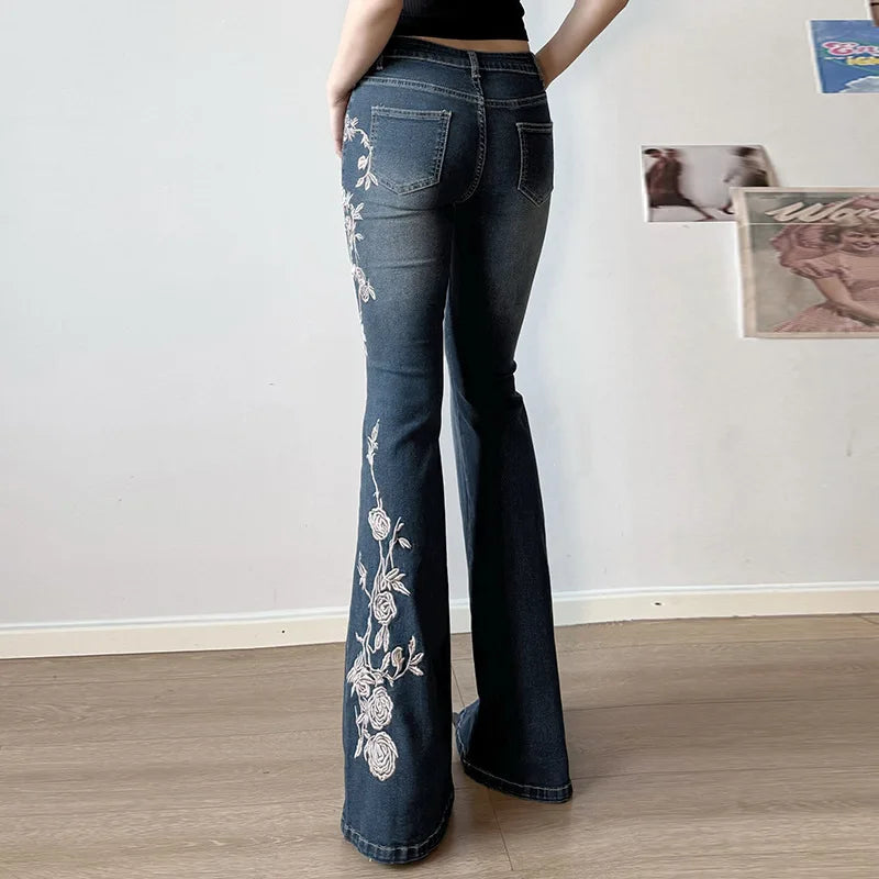 Flare Pants Jeans Embroidery Boot Cut Low Waist Washed Distressed Pockets Floor Length Streetwear Denim Trousers