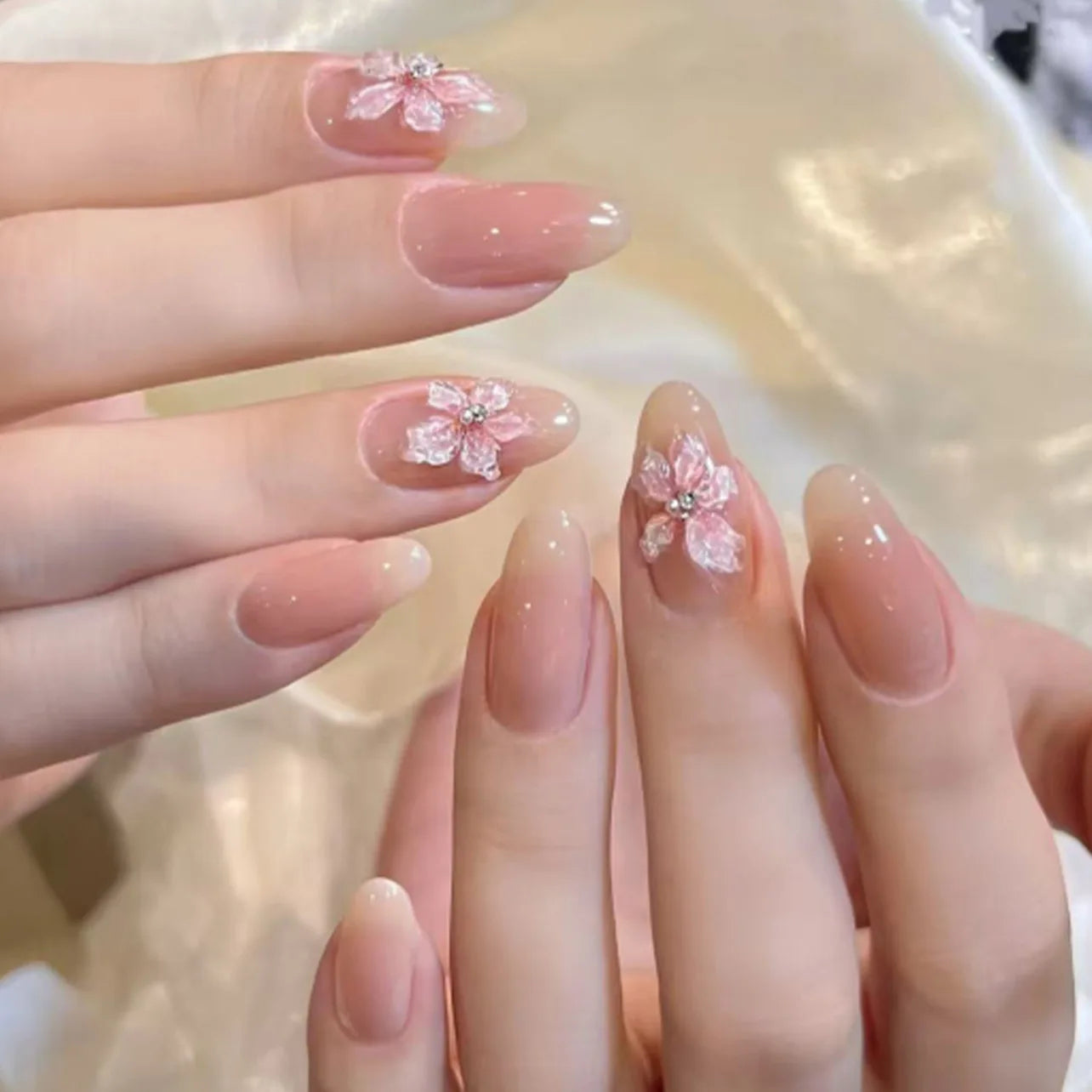 24Pcs Almond Pure Handmade Press On Nails Full Cover Butterfly French Pearl Diamond False Nails Wearable Manicure Nail Tips Art