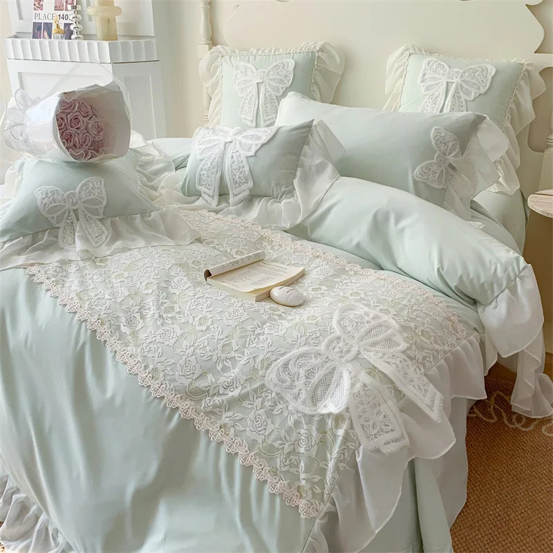 Three-dimensional Embroidery Lace Washed Cotton Quilt Cover Chiffon Soft /Breathable Bed Sheet Bedding Four Piece Set
