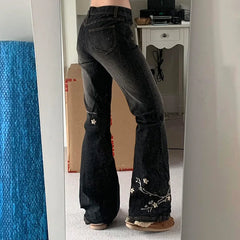 Floral Embroidery Jeans Vintage 2000s Low Rise Flared Jeans Retro Y2k Baggy Denim Pants High Street Basic Trousers