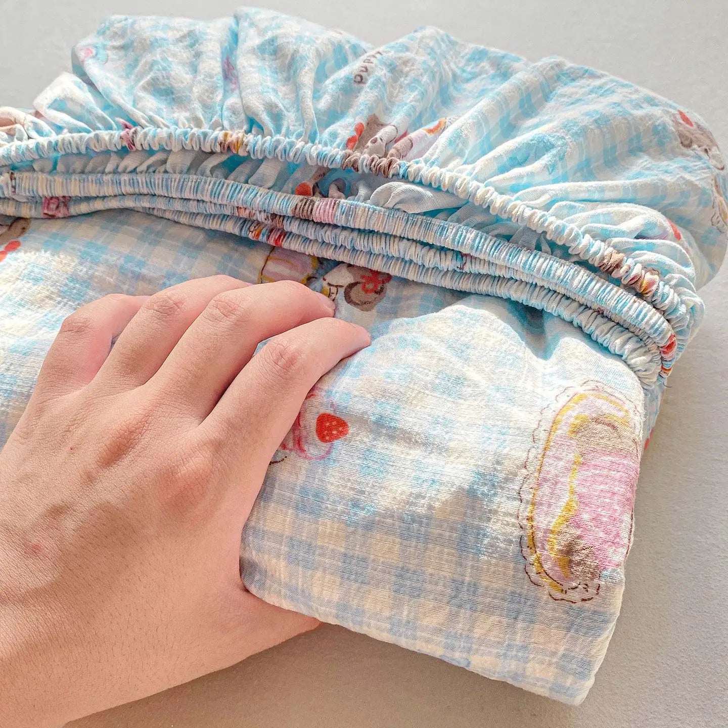Washed Cotton Fitted Sheet with Elastic Bands Non Slip Adjustable Mattress Cover Printed Pure Cotton