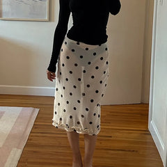 Y2k Fairy Coquette Skirts Dress Midi Skirt See Through Low Rise Ruffled Hem Dot Pattern White Black Mesh Sheer Skirt