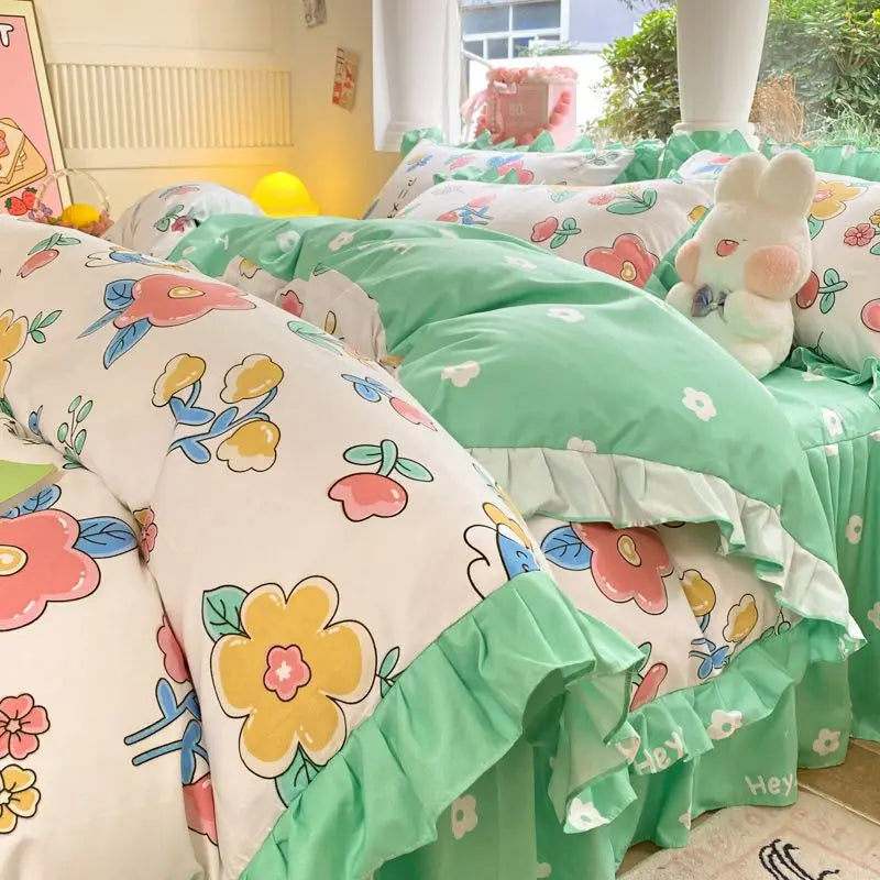 Cartoon Washed Cotton Bed Sheet Four-piece Set Non-cotton Thickened Brushed Quilt Cover Bed Skirt Style Princess Style Bedroom