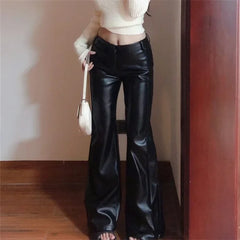 Black Pear-Shaped High-Waisted Plus-Size Wide-Leg PU Leather Pants Bell-Bottom Pants Season