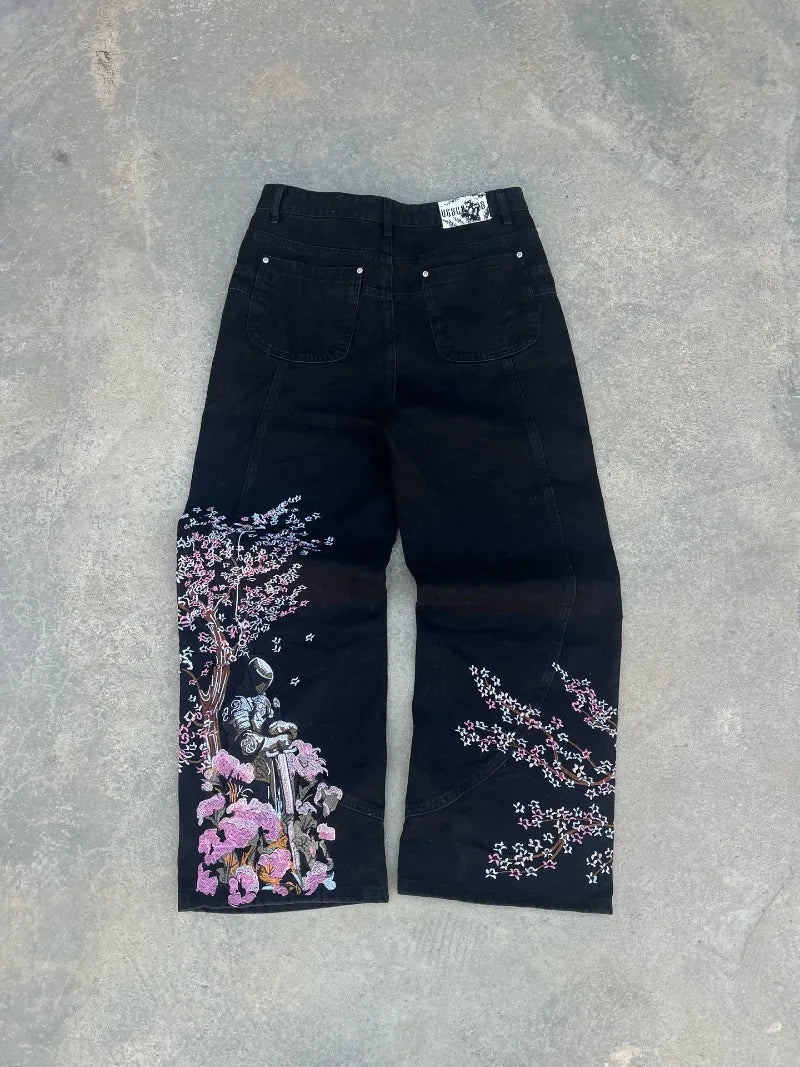 American Vintage Cherry Blossom Pattern Embroidered Blue Jeans Y2K Street Wild Straight Wide-leg Trousers