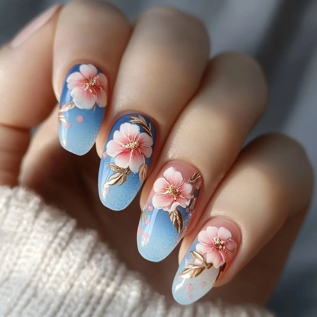 24pcs/set Medium long fake nails Swan fish flowers