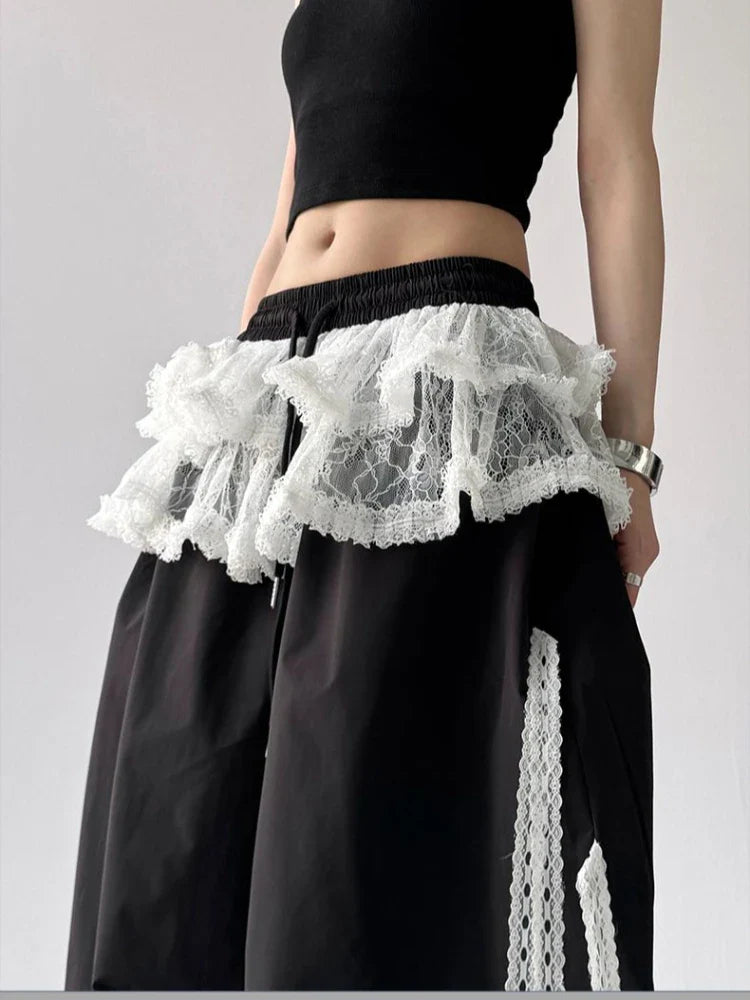 American retro trend patchwork lace skirt casual wide leg pants Y2K millennium pants emo