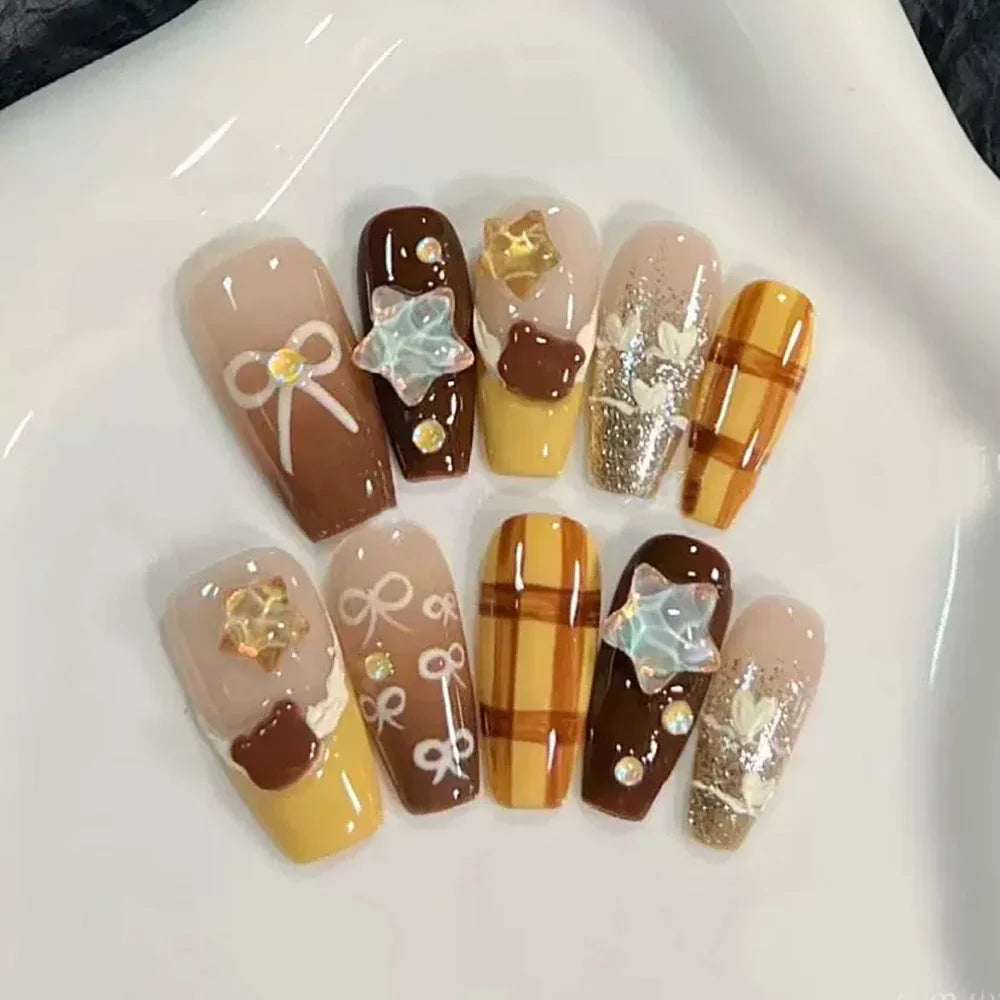 10Pcs Gentle Handwork Press On Nails French Style Flowers Butterfly Rhinestone Pearl Design Detachable False Nails Gift