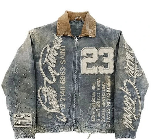 American Retro Washed Brown Jacket Y2K Clothes Letter Patch Embroidery Sequins Rhinestones Design Oversized Coats Casual Top