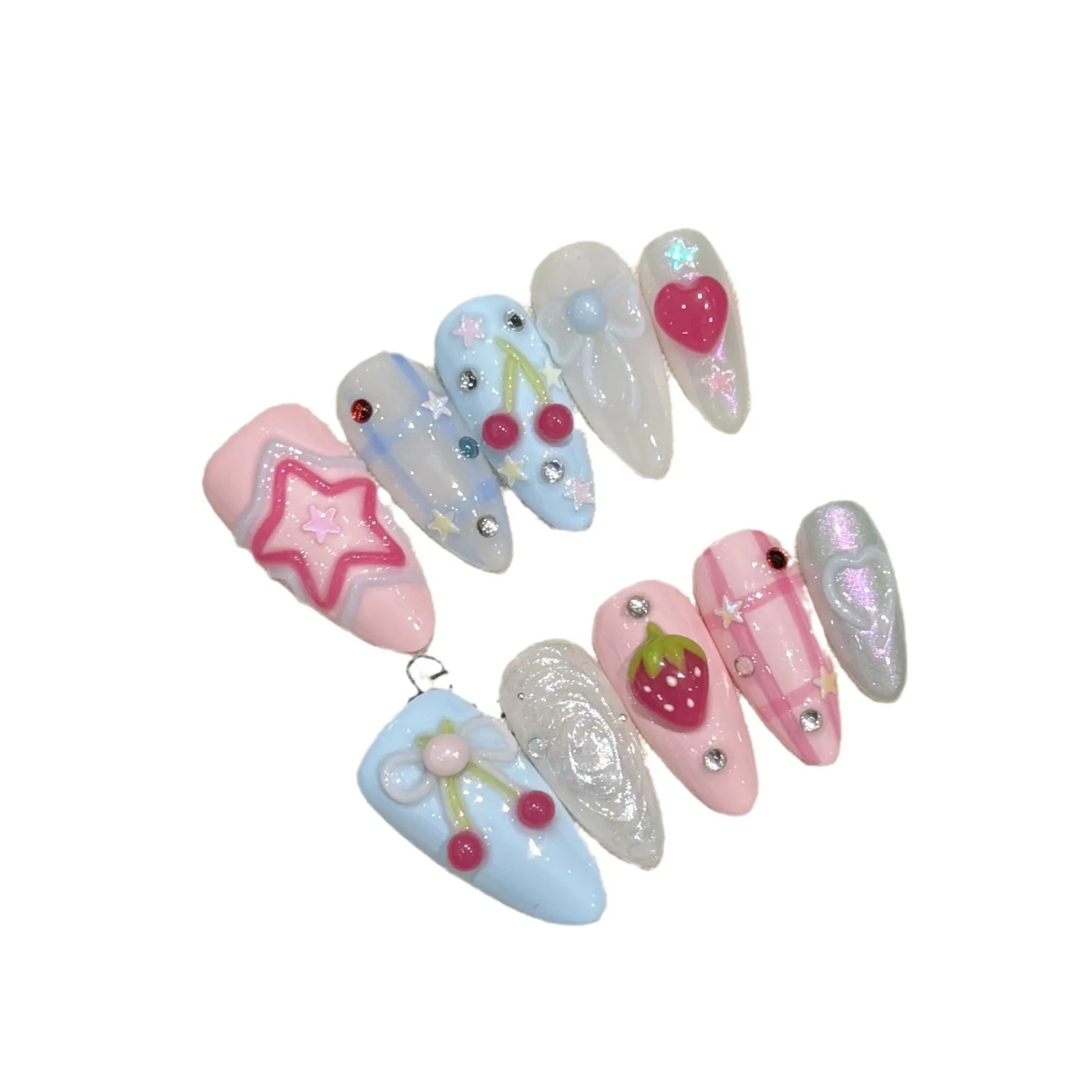 Handmade Press on Nails Ins Sweet Pink Blue Color Fake Nails