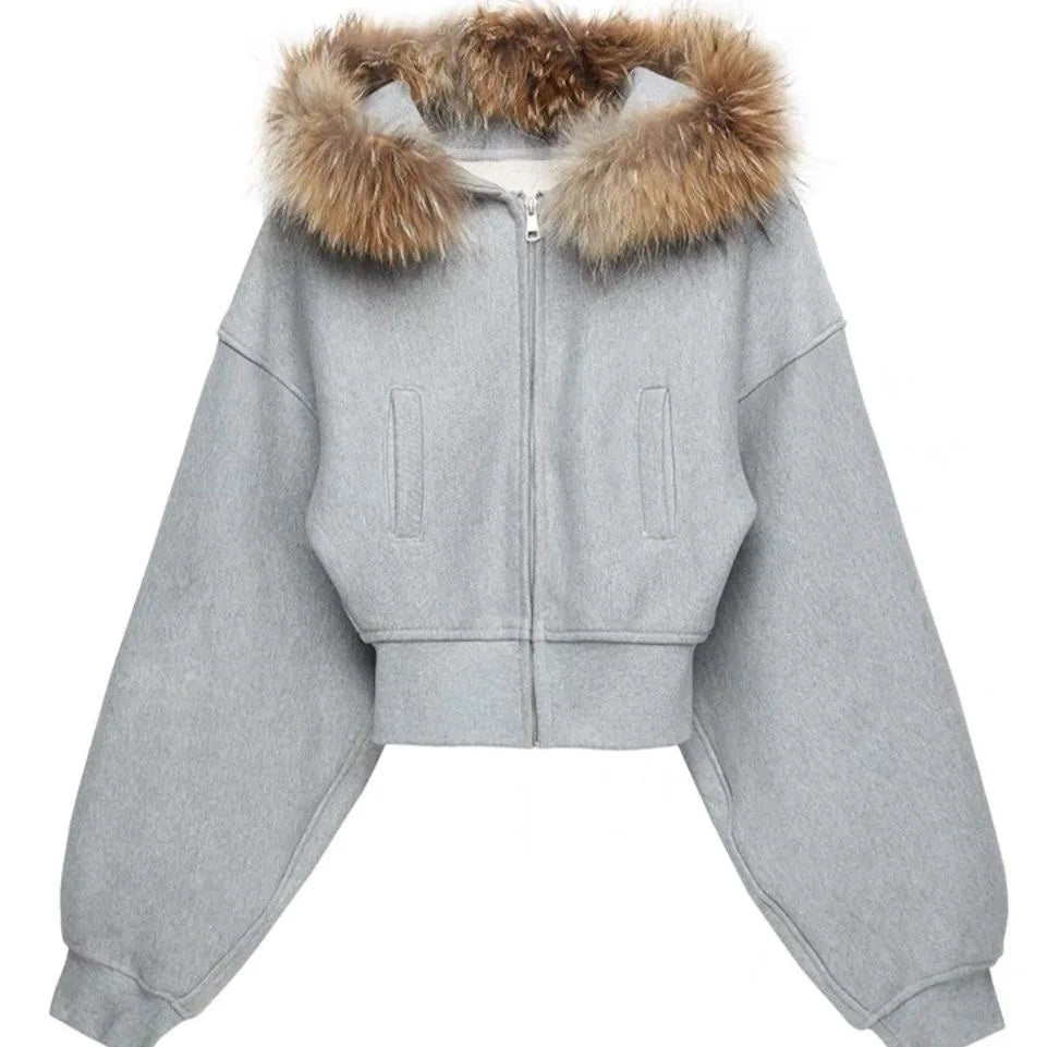 Black Fur Collar Zipper Sweatshirt Simple Furry Collar Zipper Hooded Sweatshirt Vintage Y2k Zipper Hooded Sweatshirt