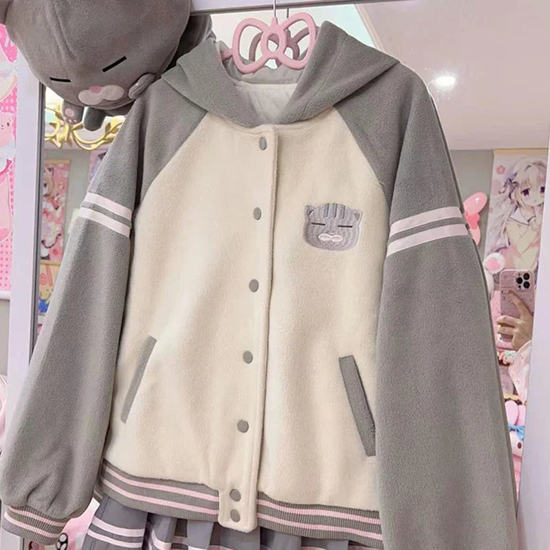 Japan Subculture Hooded Sweatshirt Single Breasted Long Sleeve Patchwork Coat Preppy Style Sweet Fall Casual Outwear
