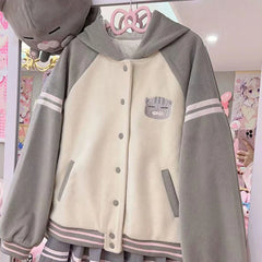 Japan Subculture Hooded Sweatshirt Single Breasted Long Sleeve Patchwork Coat Preppy Style Sweet Fall Casual Outwear