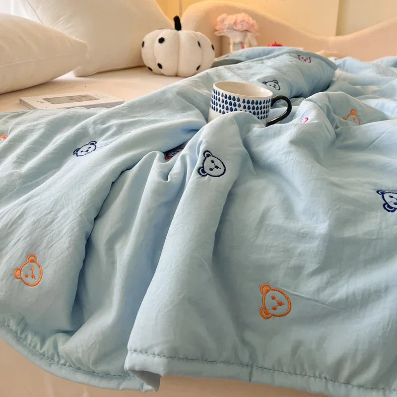 Japanese Minimalism Skin-friendly Blanket Breathable Single Double Duvet Washed Embroidered Comforter Thin Quilt