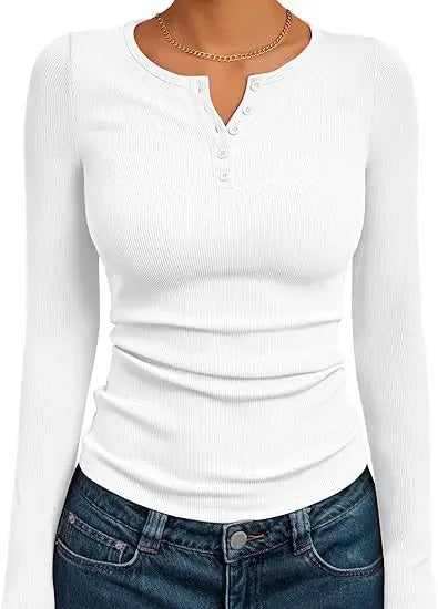 Fashionable Long Sleeve Slim Fit Henry Collar T-Shirt Ribbed Basic Style Top