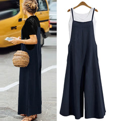 Straps Jumpsuit Solid Color Wide Leg Pants Dungaree Bib Overalls Casual Loose Sleeveless Cotton Linen Jumpsuits 5Xl