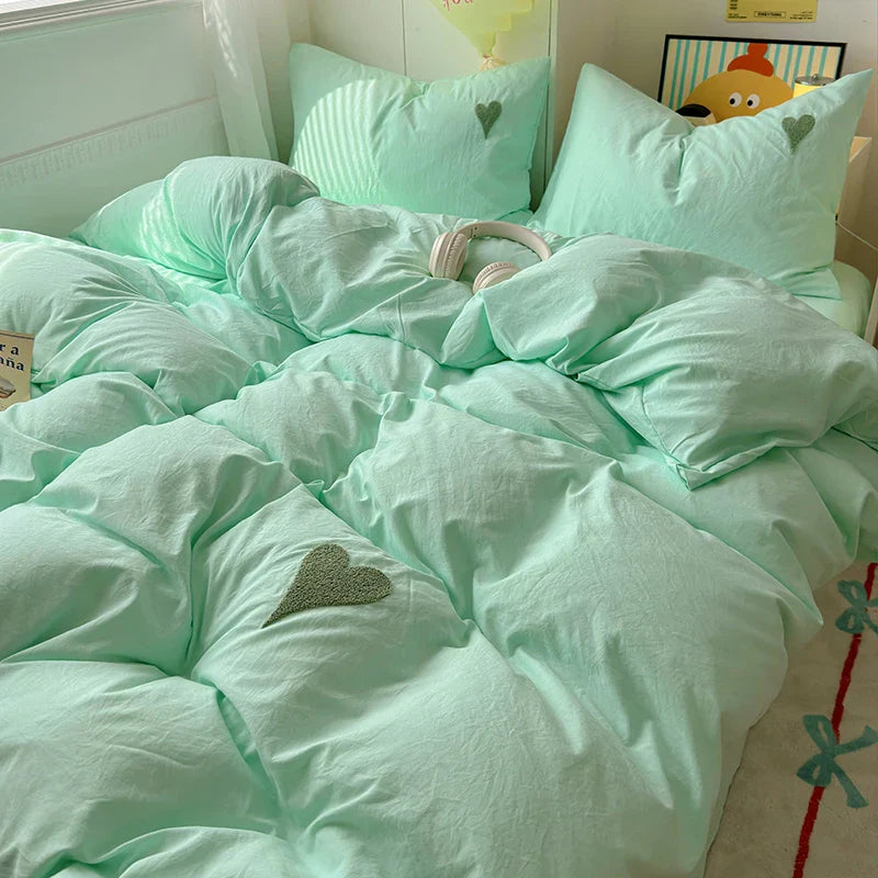 Korean Solid Color Bedding Set Adults Kids Twin Full Queen Size Soft Bed Flat Sheet Duvet Cover Set Pillowcases Simple Bed Linen