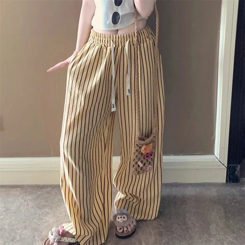 Japanese Striped Thin Wide Leg Pants Loose Lazy Style Casual Pants Y2K Baggy All Match Straight Trousers