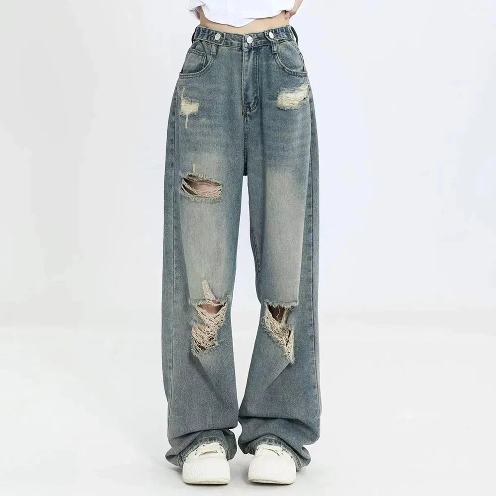 American Vintage Hole Y2k Jeans High Waist Jeans Wide Leg Baggy Loose Straight Hip Hop Streetwear Dragging Denim Pants