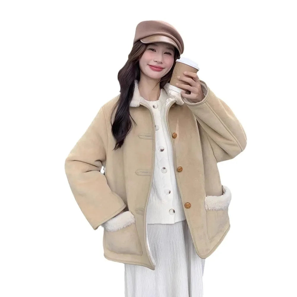 Retro Korean Style Cotton Jacket Lamb Fur Unique Beautiful Short Size Milk Series Cotton Coat