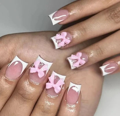 24Pcs Brown Plaid Press on Nails French Bow False Nail Medium Almond Atmosphere Wearable Nail