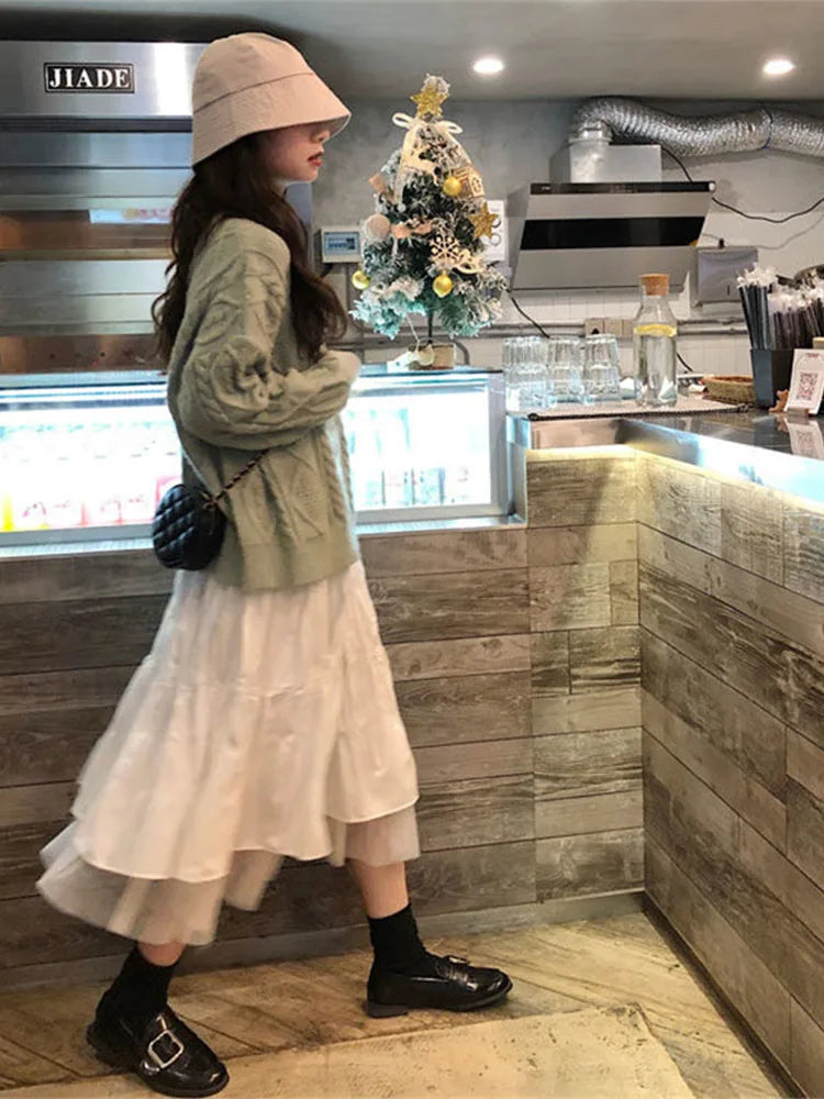 Long Tulle Midi Skirts  Elastic High Waist Mesh Tutu Pleated Skirts Black White Long Skirt Streetwear