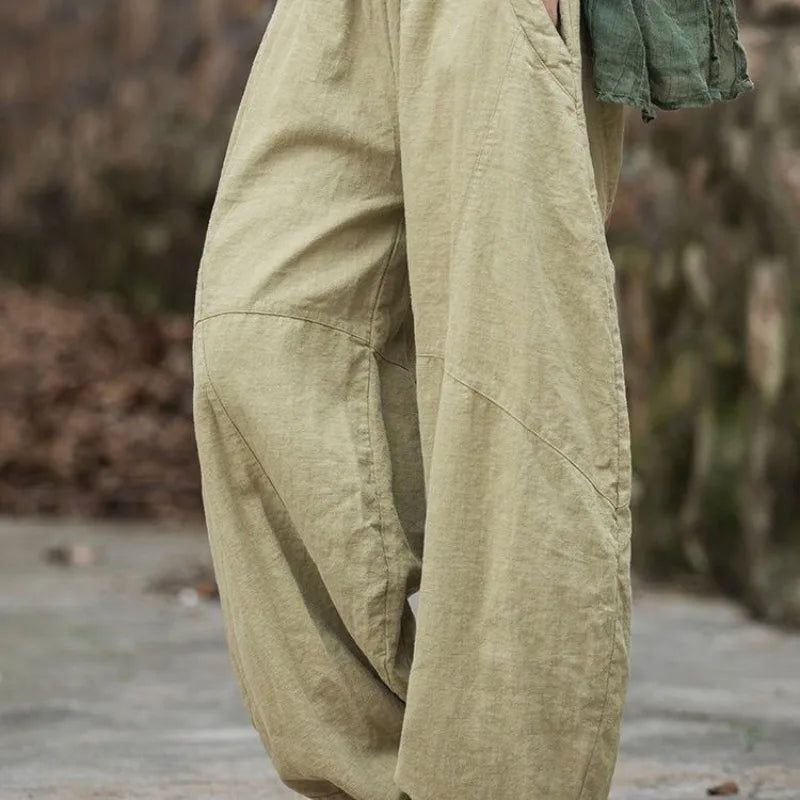 Elegant Cotton Linen Baggy Cargo y2k Pants Vintage Elastic Waist Trousers Loose Casual Long Wide Leg Oversize Clothes