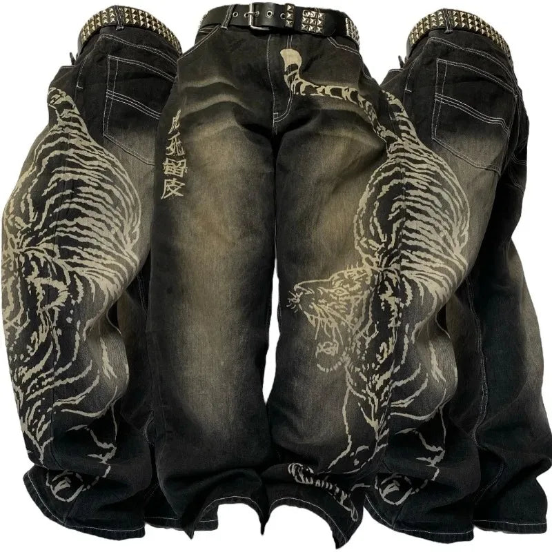 Y2K American Tiger Print Loose Jeans High Street Harajuku Wind Trend Casual Joker High Waist Wide Leg Pants