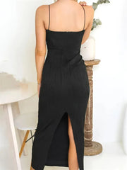 Long Dress Ruched Sleeveless Slim Solid Party Back Split Dress Clubwear Vestido Outfits