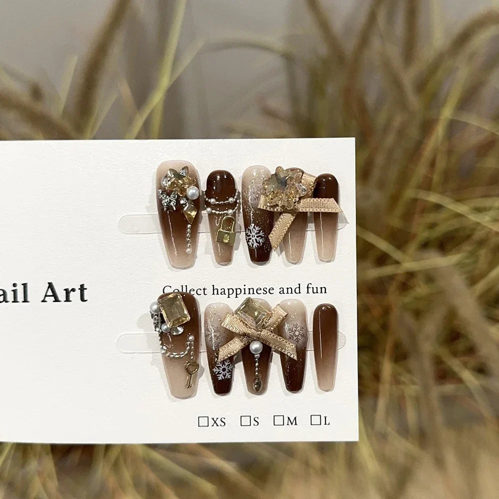 Sweet Lovely Cartoon Bear Long Coffin Stiletto Fake Nails Bowknot Pearl Diamond Flowers Cat Eyes Wearable Fake Nails
