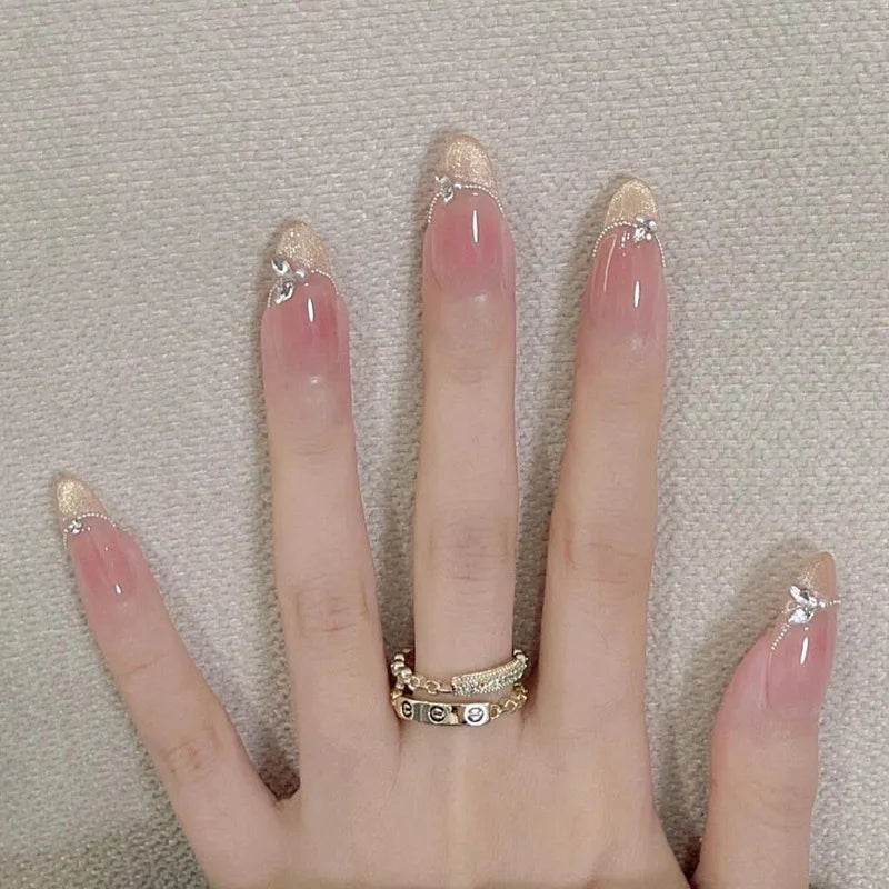 24Pcs Mid-length Almond Ballet False Nails Simple Cat Eye Design Press on Fake Nail Wearable Full Cover Nail Tips Manicure Tools