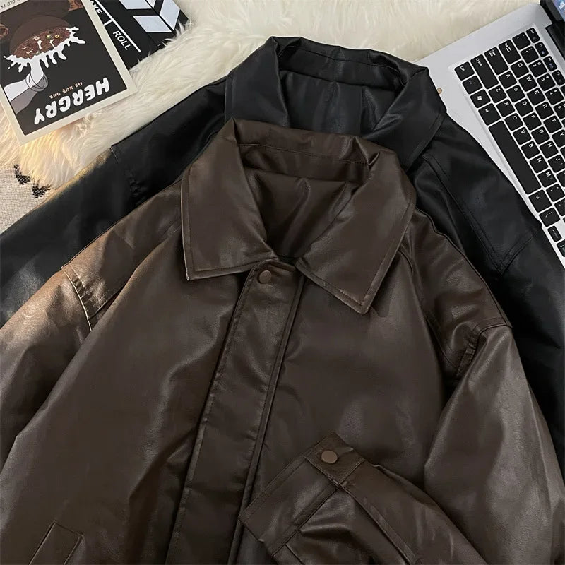 Loose Casual PU Leather Jacket Motorcycle Coat