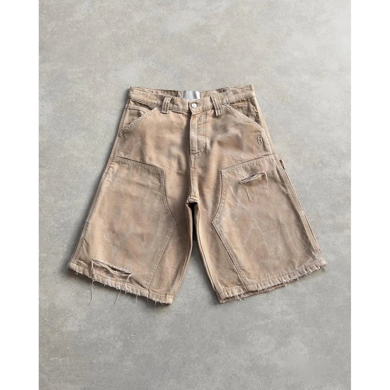 Deeptown Y2k Vintage Washed Short Cargo Jeans Harajuku Hole American Style Wide Leg Man Jorts Baggy Hip Hop Streetwear