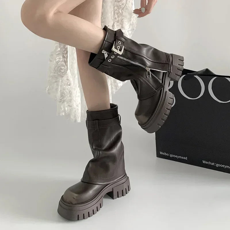 Biker Boots Belt Buckle Ladies Elegant Platform Long Pipe Booties Casual Knee High Booties2025