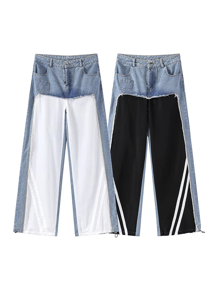 Denim Patchwork Trousers High Waist Contrast Color Striped Straight Sports Wide Leg Pants Street Lady Pants