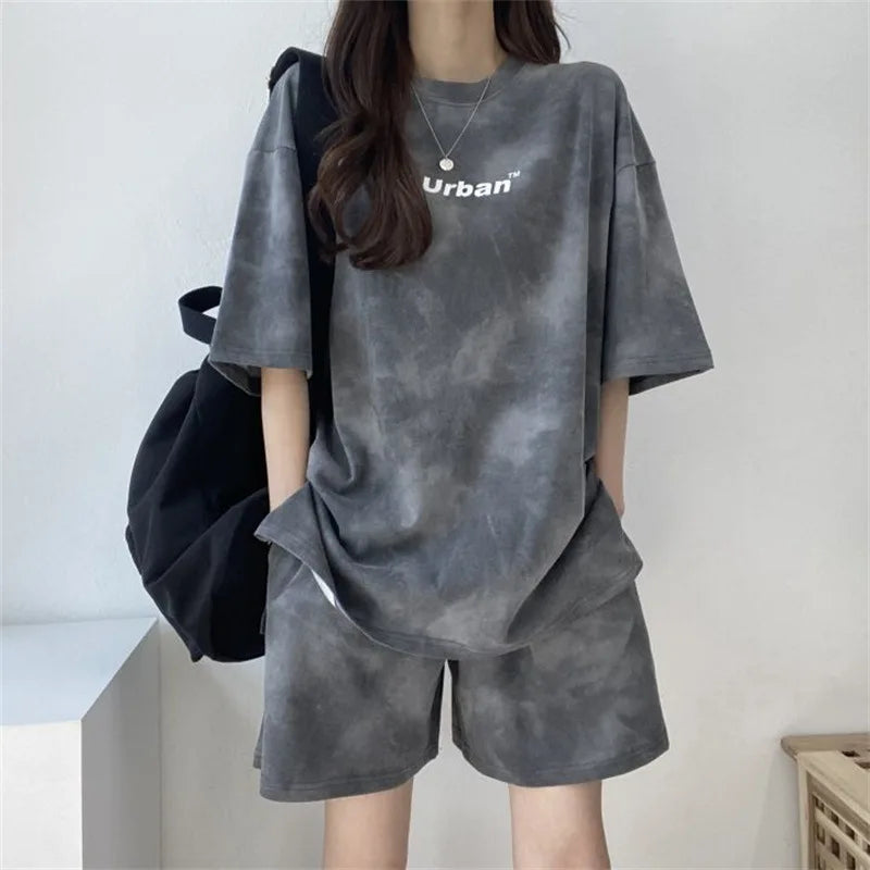 T-Shirt Shorts Suit Set Casual Tie Dye Loose tshirt