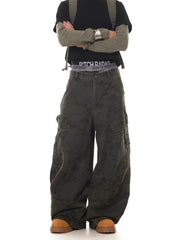 Relaxed Wide-Leg Scissor-Cut Casual Pants American Vintage Multi-Pocket Camouflage Silhouette Curved-Leg Jeans