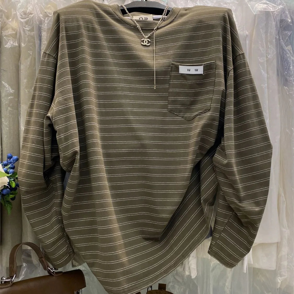 Loose Long Sleeve Striped T-Shirtable Retro Korean Style Casual Top Thin Medium Length Lazy Style T-Shirt