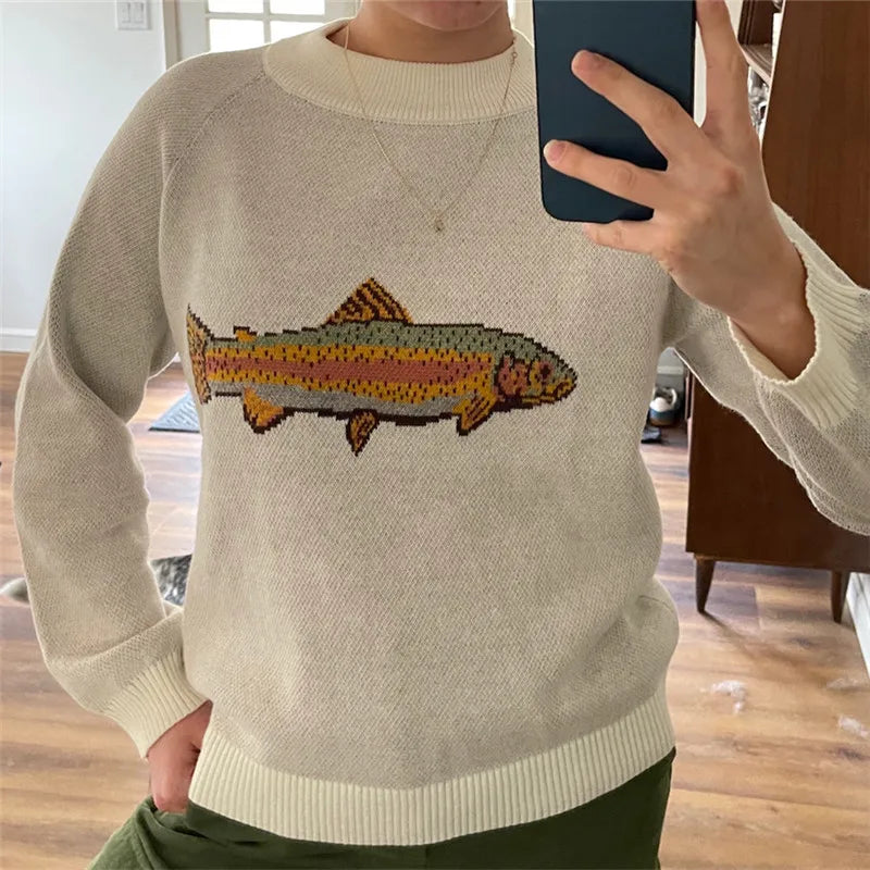 Y2K Contrast Fish Sweater Long Sleeve Crew Neck Ribbed Knit Pullover Sweaters Casual Knitwear Tops
