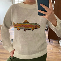 Y2K Contrast Fish Sweater Long Sleeve Crew Neck Ribbed Knit Pullover Sweaters Casual Knitwear Tops