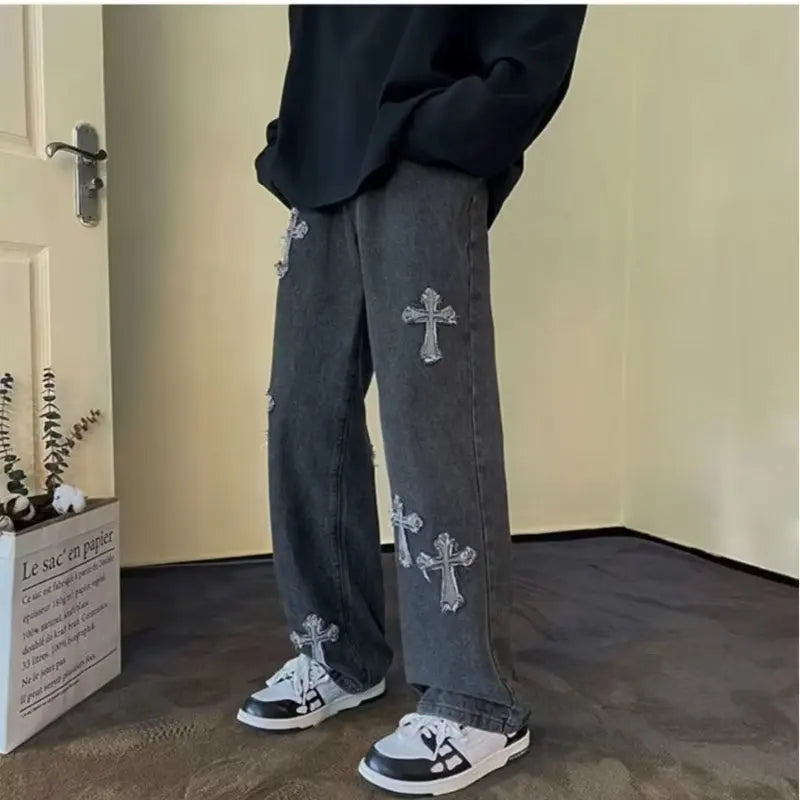 Cross Embroidery Y2k Jeanss Straight Denim Pants Casual Vintage Jeans Versatile Streetwear High Street Pants