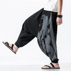 Hip Hop Style Loose Fit Low Waist Cotton Linen Special Cropped Pants Japanese Style Baggy Pants