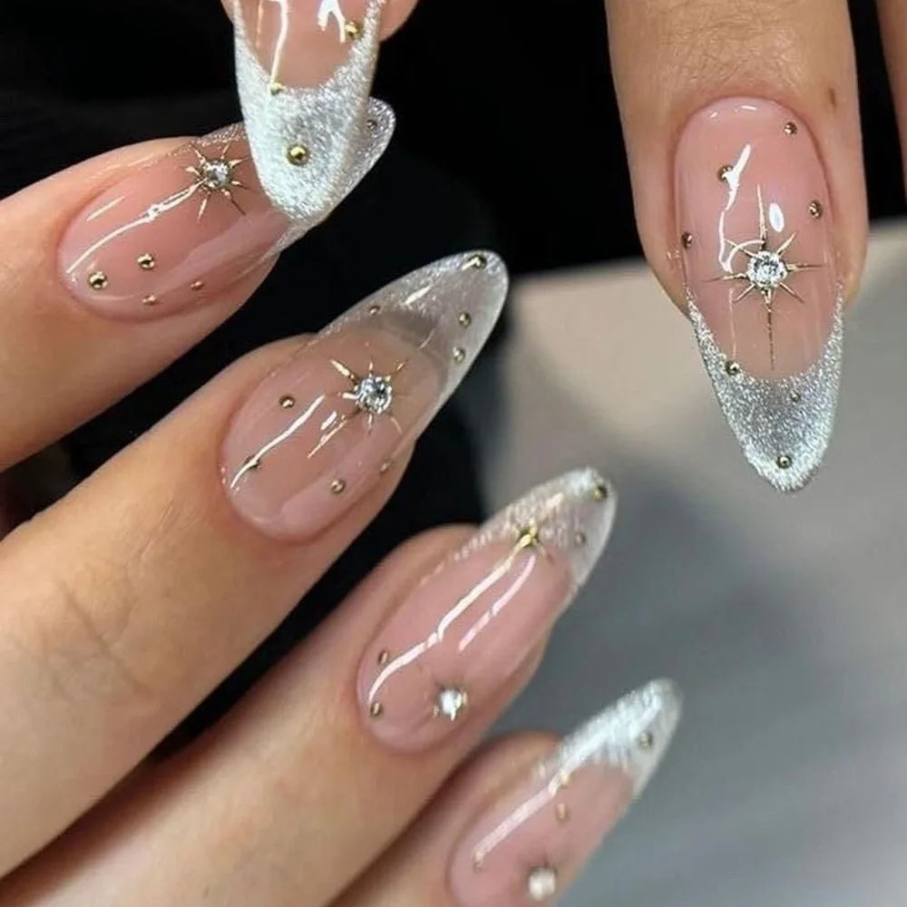 24Pcs Mid-length Almond Ballet False Nails Simple Cat Eye Design Press on Fake Nail Wearable Full Cover Nail Tips Manicure Tools