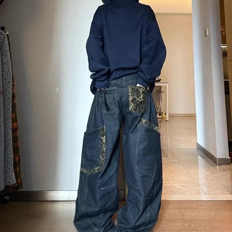Deeptown Y2K Retro Jeans Big Pocket Scimitar Leopard Wide Leg Denim Cargo Pants Harajuku Baggy Streetwear Trousers