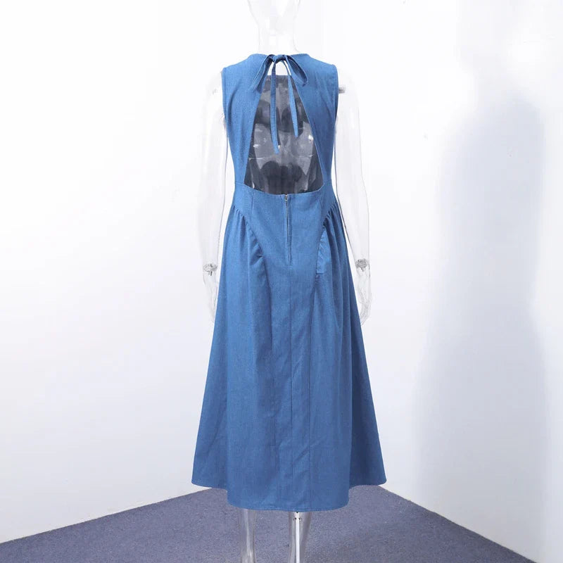 Trendy Denim Dresses Backless Sleevess Long O-Neck Dress Vintage Washed Blue Casual Daily Beach Streetwear