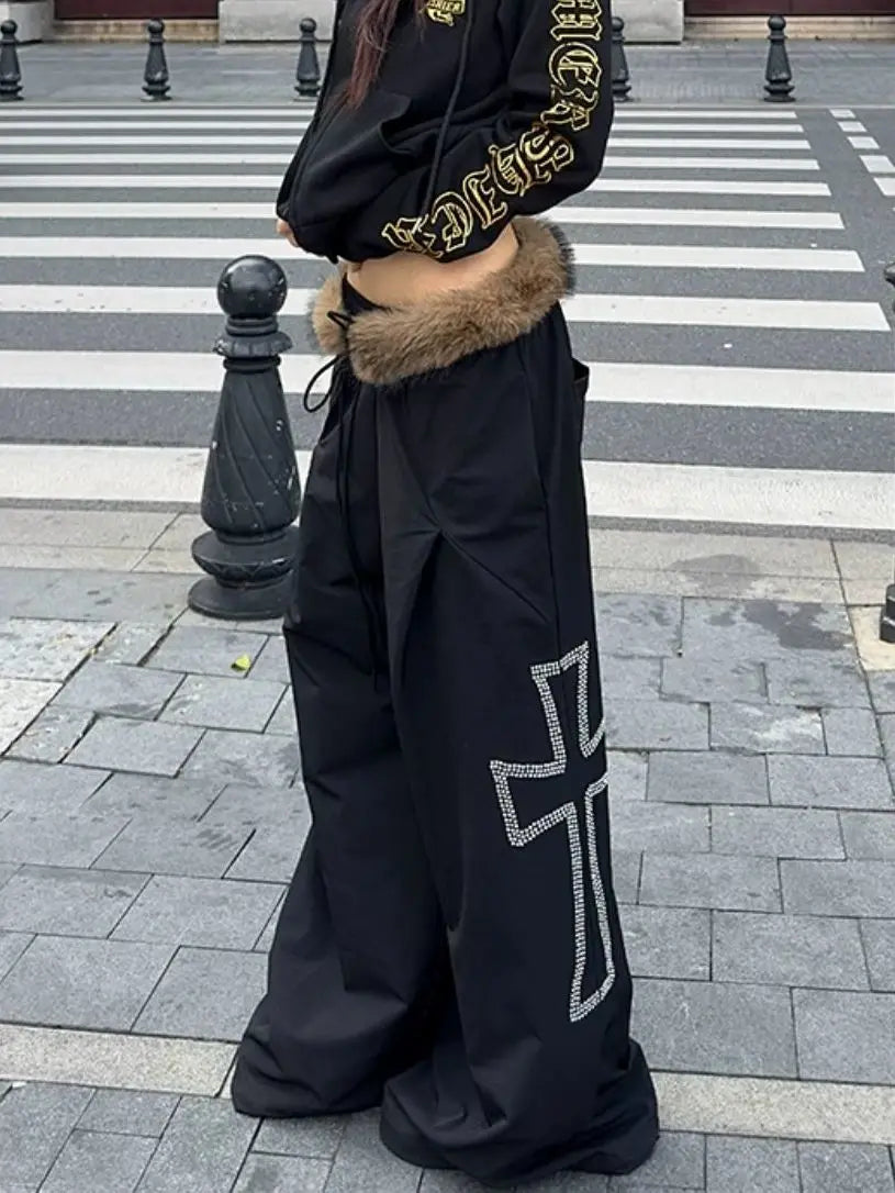 American Style Frayed-Edge Cross Casual Pants Trendy Hip-Hop High-Street Sweatpants Millennial Retro Y2K Pants