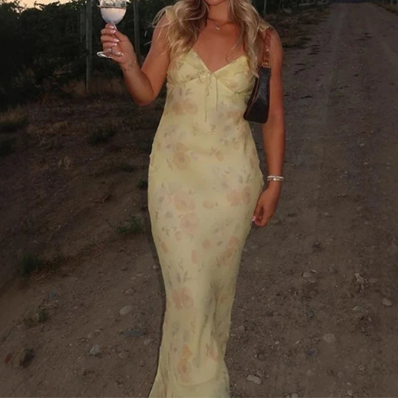 Flower Printed Low-cut Dress Sleeveless Backless Slim Sling Dresses Beach Vacation Lady Vestidos