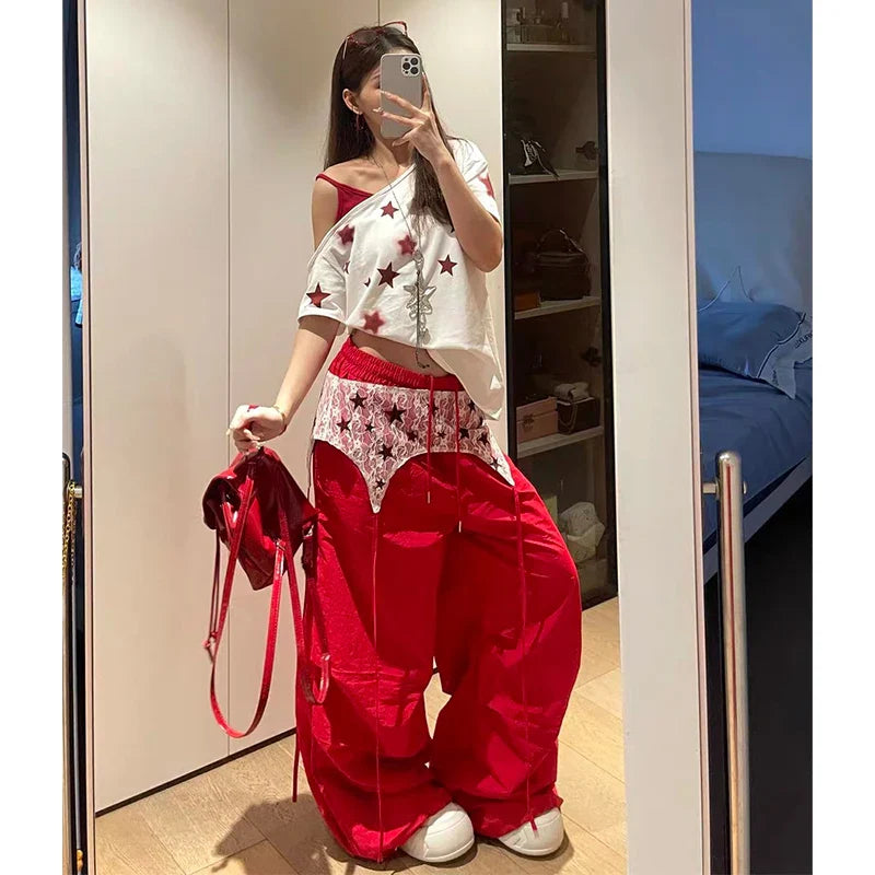 Red Baggy Parachute Pants Oversize Cargo Pants Harajuku Japanese Y2k Gyaru Vintage Trousers Clothes